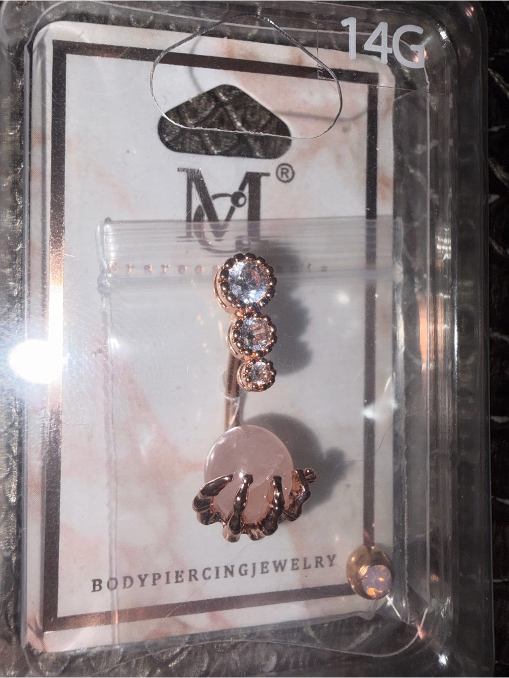 Rose Gold Pink Gem Dangle Navel Ring with skull hand perfect for Halloween